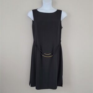 Vintage DAVID WARREN New York Size 14 Black Sleeveless Belted Sheath Dress